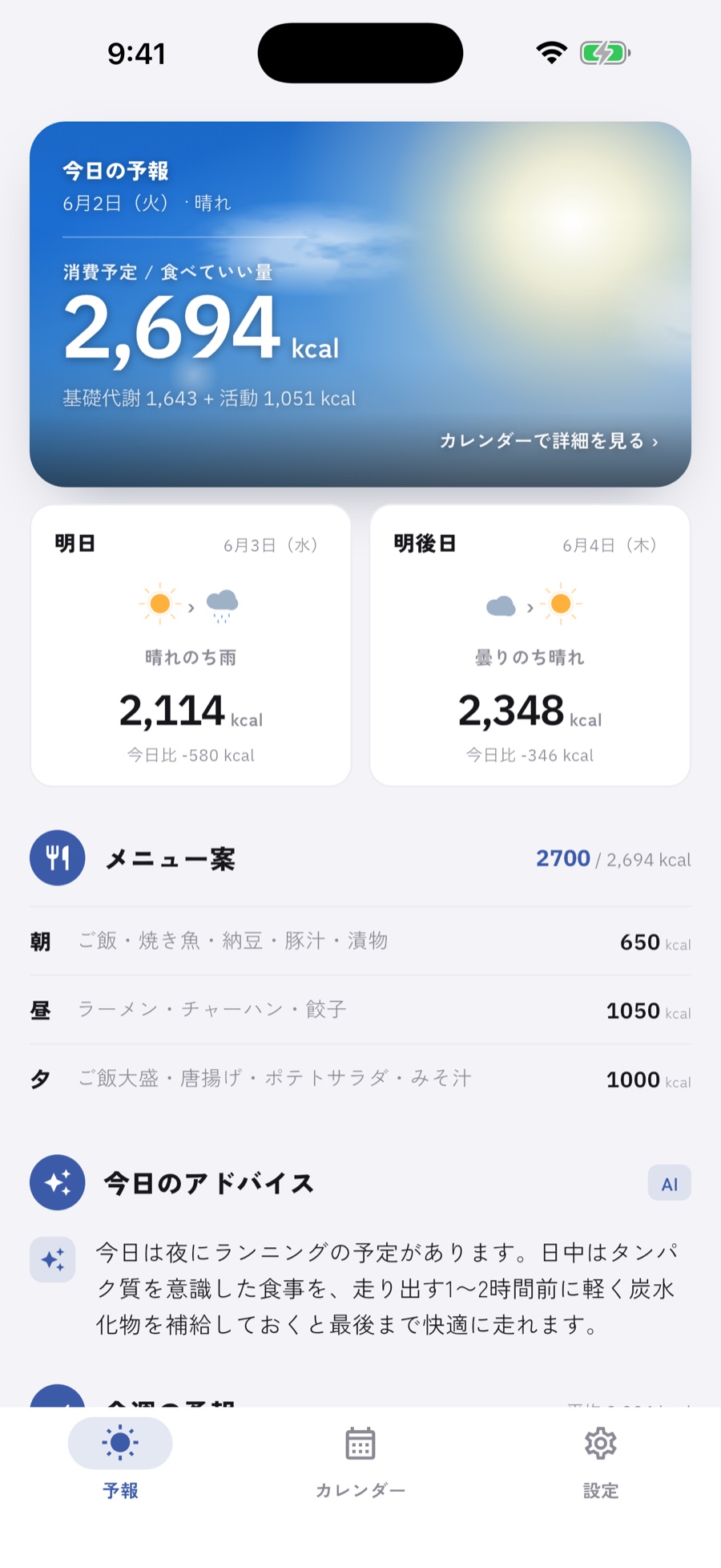 カロリー予報アプリの予報画面
